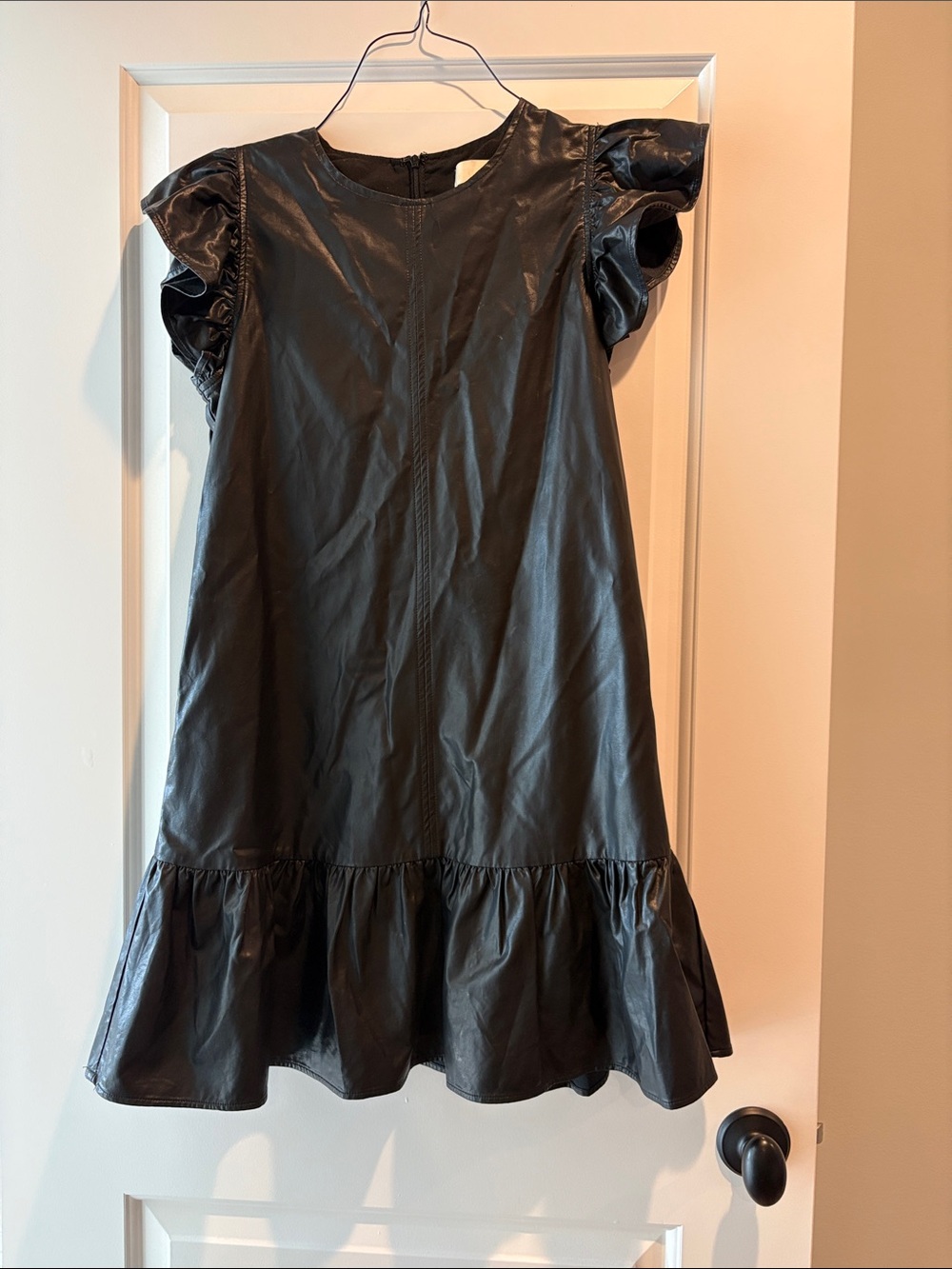 Pinch Black Faux-Leather Ruffle-Hem Dress with Puff Sleeves